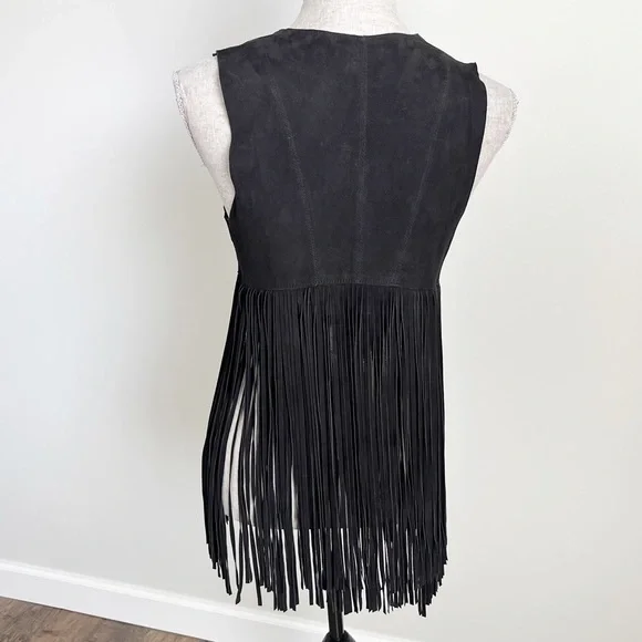 Lamarque Sonia Black Suede Leather Fringe Vest XS